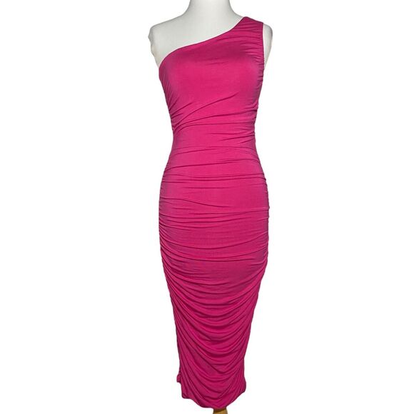 Socialite One-Shoulder Dress Hot Pink Women's Size XS Stretchy Ruched Bodycon - Picture 1 of 7